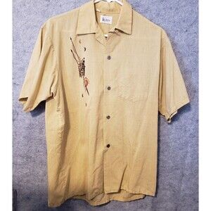 Vintage 60s Shirt Men’s Medium KUHIO Hawaii HAWAIIAN Beige Linen? Embroidered